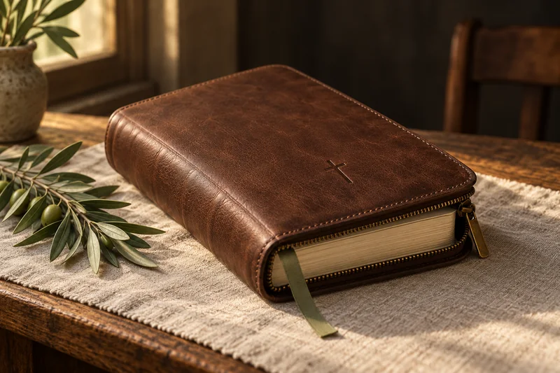 An unbranded brown Bible cover with a small cross resting on linen beside olive foliage