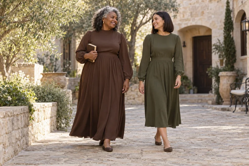 Two adult women wearing opaque walnut and olive modest dresses walking through a stone garden courtyard