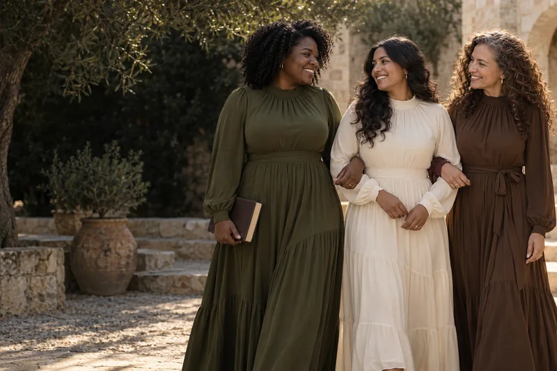 Three women wearing modest olive, ivory, and walnut dresses in a sunlit courtyard