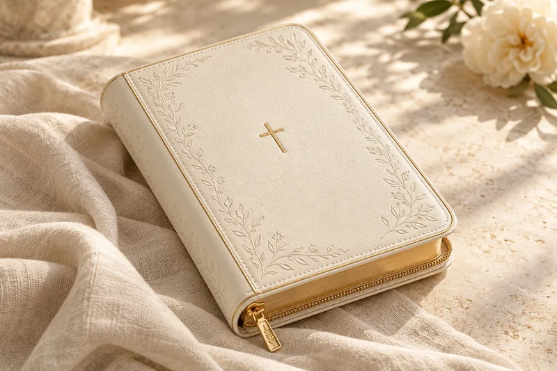 An elegant ivory Bible cover with gold details on cream linen