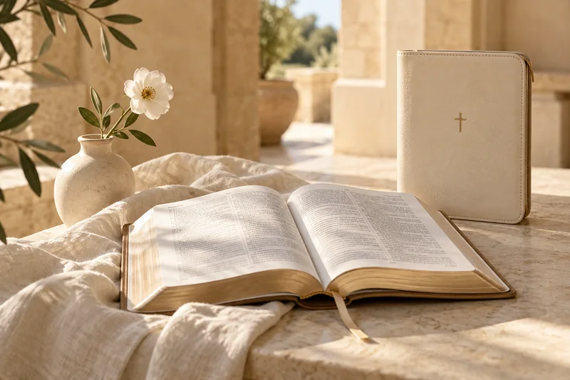 An open Bible beside an ivory Bible cover in soft morning light
